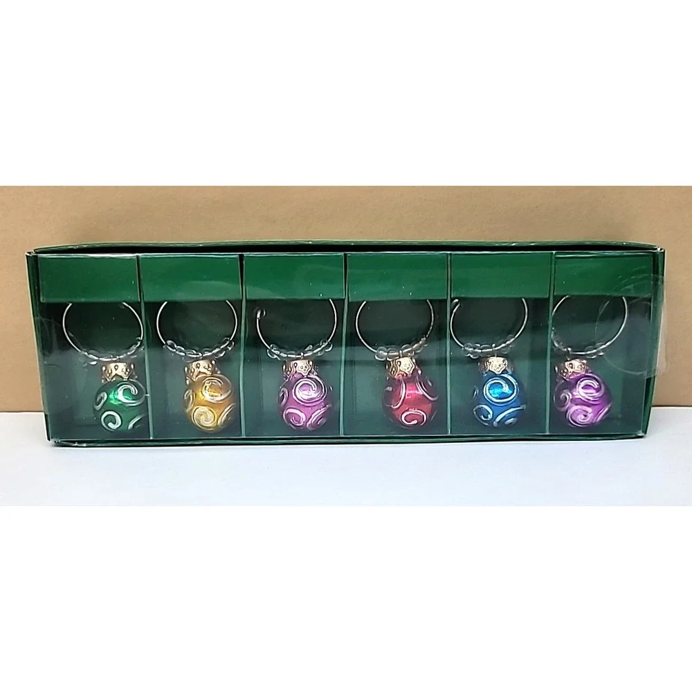 Set of 6 Boston Warehouse Christmas Ball Ornaments Wine Glass Markers/Charms